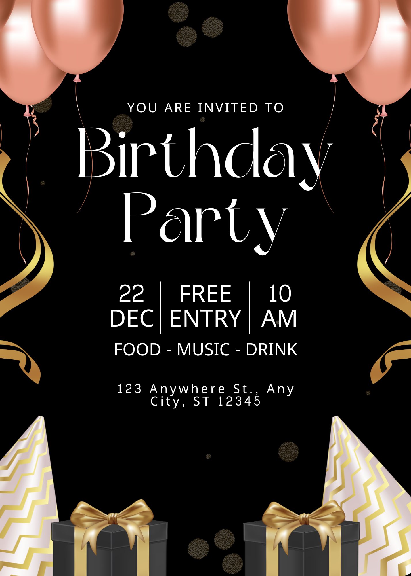 Black and gold modern birthday party invitation